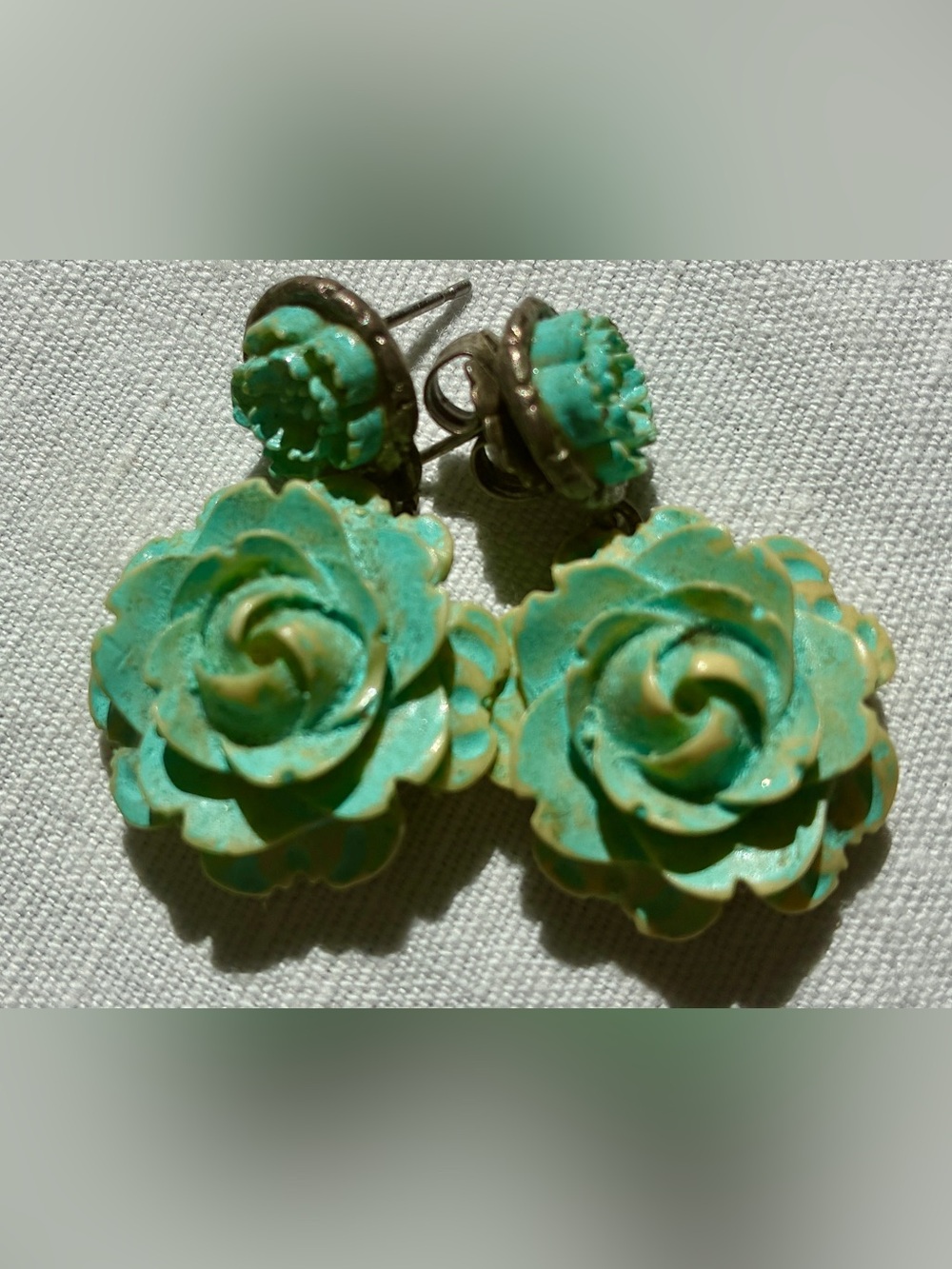 Vintage Turquoise Carved Floral Rose Dangle Earrings - Women Jewelry